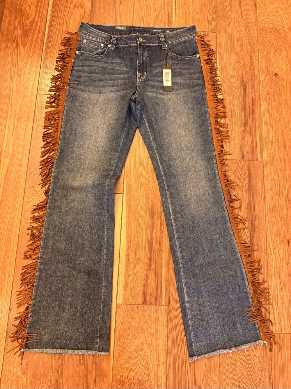 Grace Blue Denim Jeans with Brown Fringe Trim